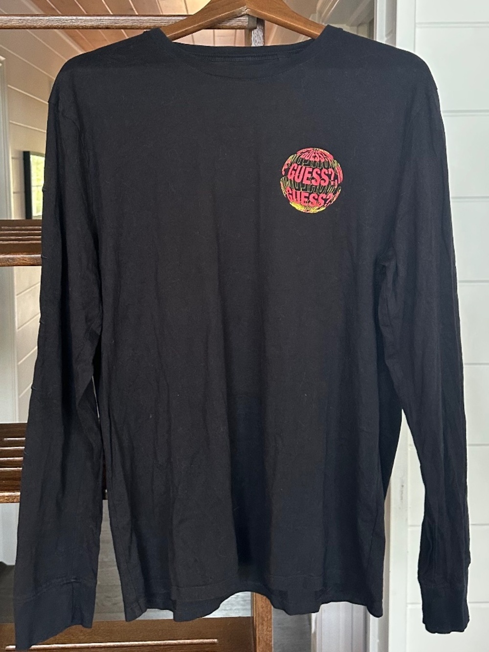 Men's - GUESS ECO - Black Long Sleeve Graphic T-Shirt Psychedelic Logo - Size L